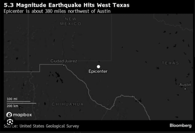 Map of Texas with the epicenter of an earthquake location pinned.