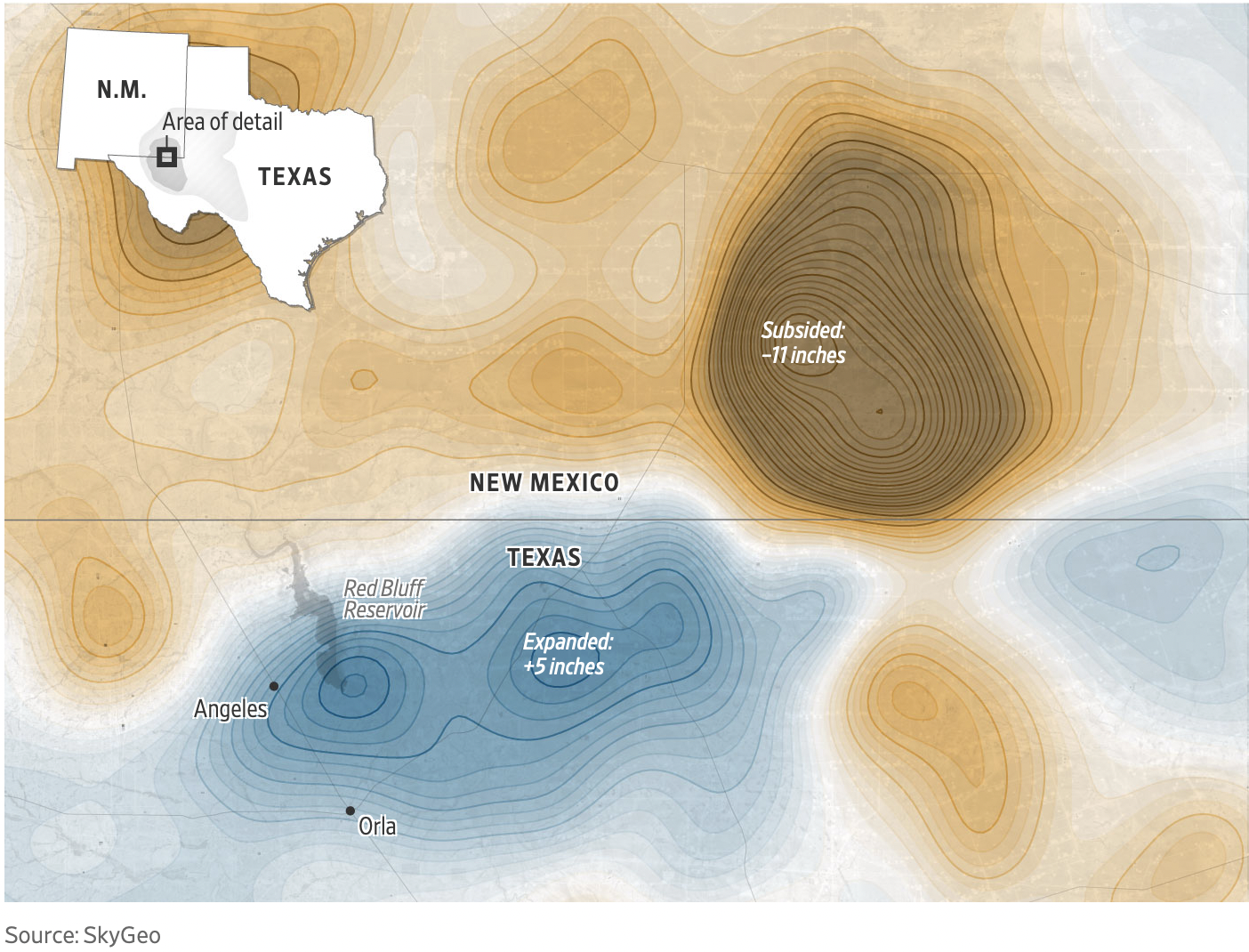 Map of Texas near New Mexico showing surface displacement.