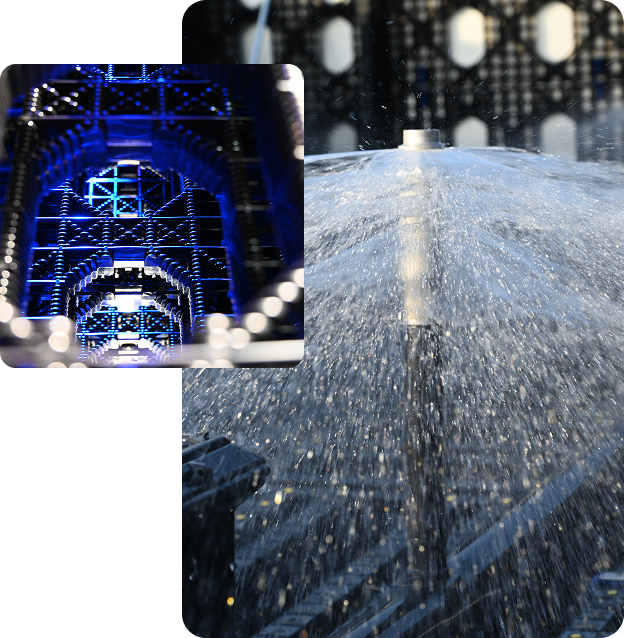 a collage of two images, one is a close up view of the matrix material and the other is an image of the 3 head water distribution system spraying water down on the matrix