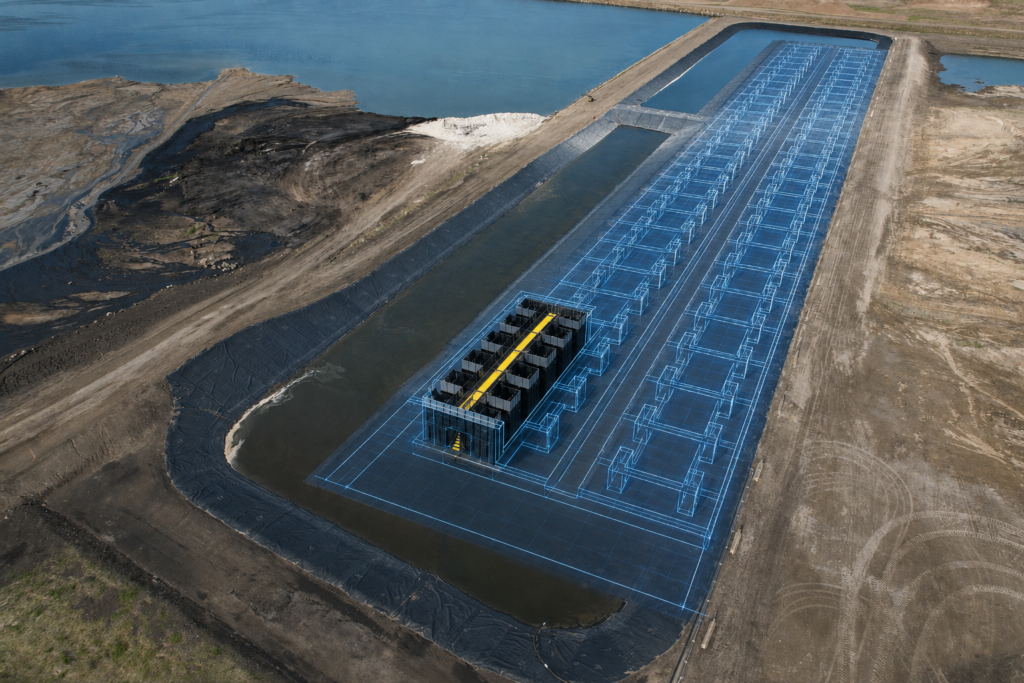 Rendering of the projected full DICE SuperStructure build-out, extending the validation-phase matrix along the pond to the dike, at an anonymized Minnesota mining site.